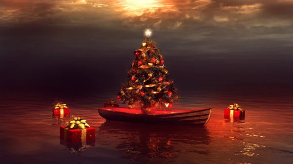 Boat and christmas tree — Stock Photo, Image