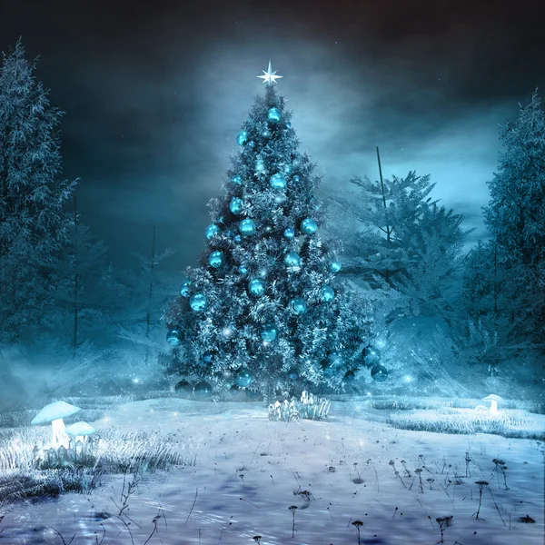 Albero di Natale blu con funghi incandescenti — Foto Stock