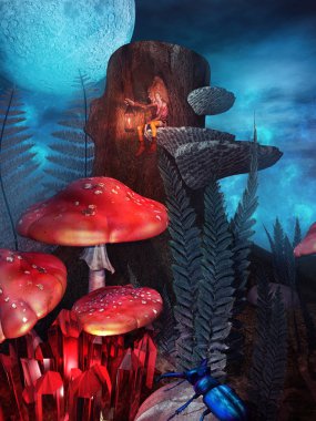 Elf, mantarlar ve mavi beetle