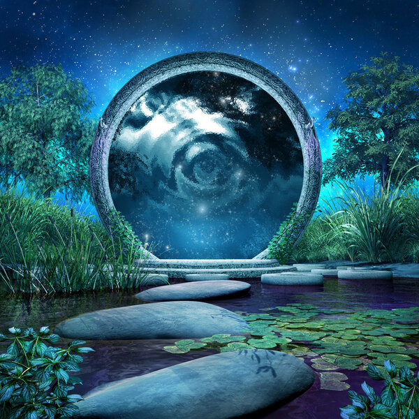 Fantasy scene with magic portal and blue lake