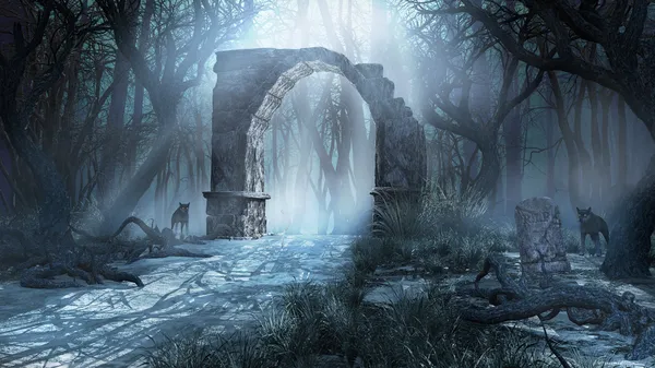 Ruined arch in the misty forest — Stock Photo, Image