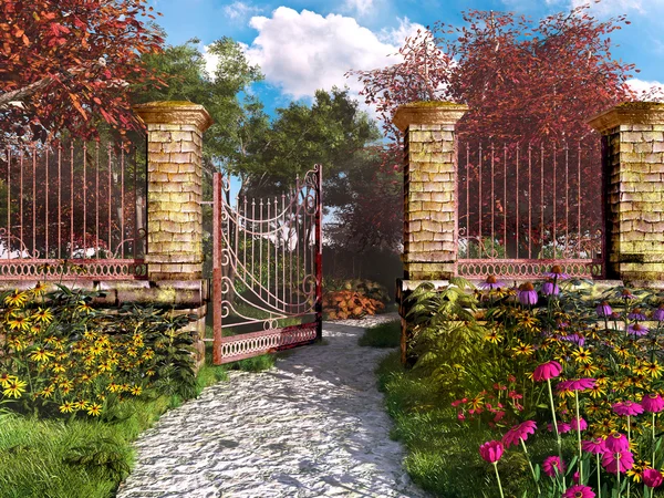 Porta de entrada para o colorido jardim de outono — Fotografia de Stock