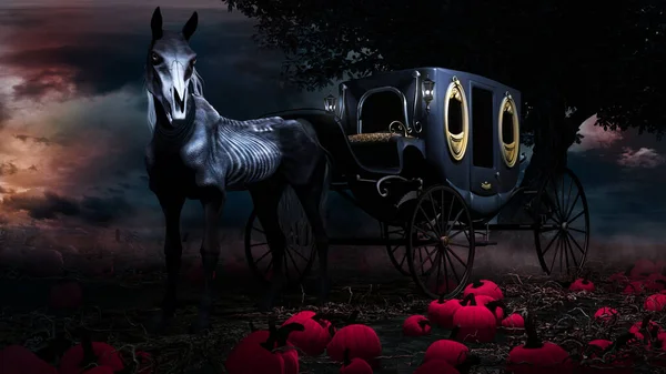Night Scene Creepy Horse Carriage Pumpkins — Stock Photo, Image