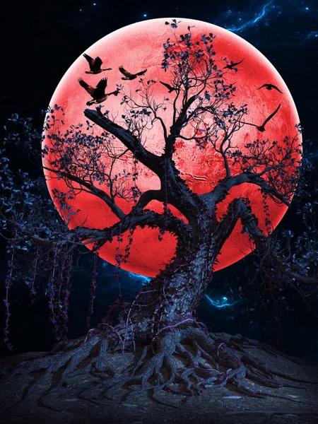 Paisagem Noturna Com Árvore Assustadora Lua Vermelha Pássaros — Fotografia de Stock