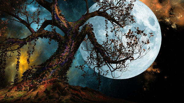 Night scenery with huge moon and magic tree