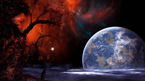 Ночная Сцена Деревом Фонариком Огромной Планетой — стоковое фото