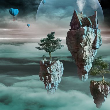 Fantasy scene with hut on the flying rock, trees and balloons