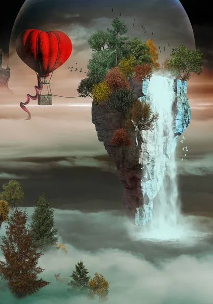 Fantasy Landscape Colorful Trees Red Balloon — ストック写真