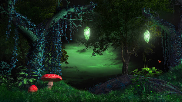 Fairytale scene with lanterns, mushrooms and trees