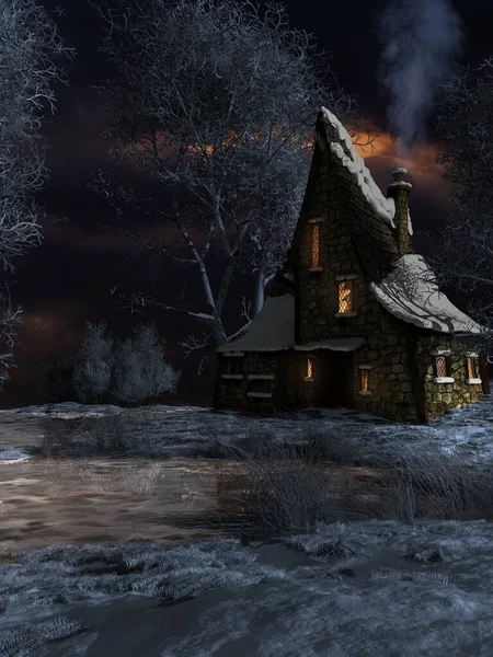 Night Landscape Snow Small Hut Frozen Water — Stock Photo, Image