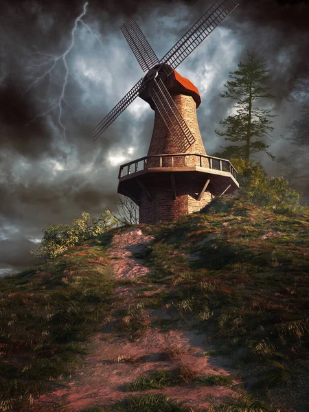 Herfstlandschap Met Windmolen Stormachtige Lucht — Stockfoto