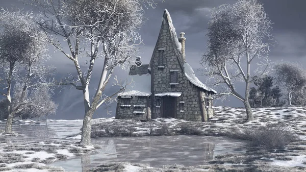 Zimowy Krajobraz Zamarzniętymi Bagnami Małą Chatką — Zdjęcie stockowe