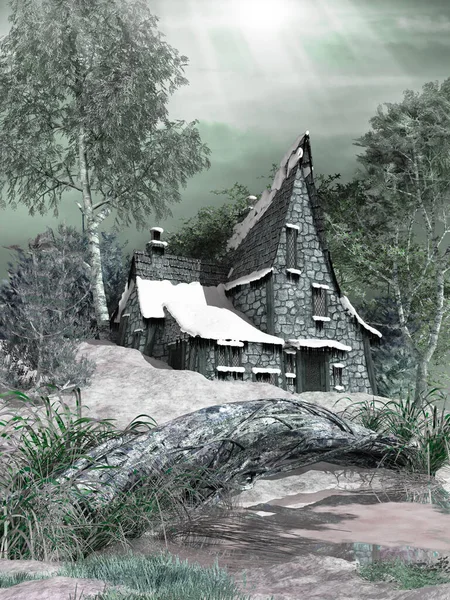 古い小屋 木や池と冬の風景 — ストック写真