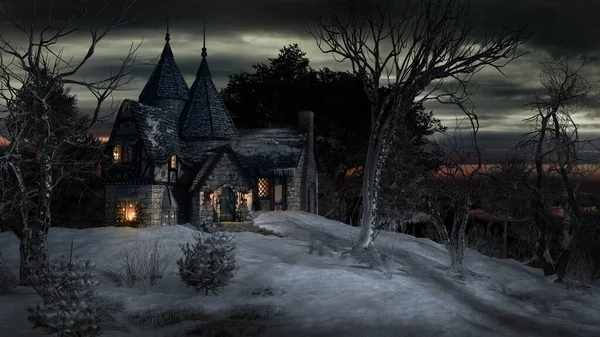 Winterlandschap Met Sprookjesachtige Huis Sneeuw Bomen — Stockfoto