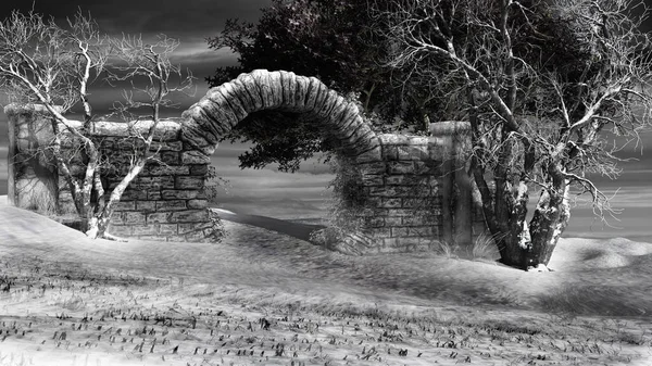 Зимний Пейзаж Старыми Каменными Воротами Снегом Замерзшими Деревьями — стоковое фото