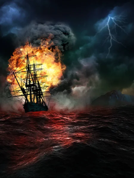 Sea Landscape Fiering Sailing Ship Blood Red Sea Stormy Sky — Stock Photo, Image