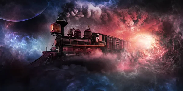 Scène Surréaliste Avec Vieux Train Traversant Des Nébuleuses — Photo