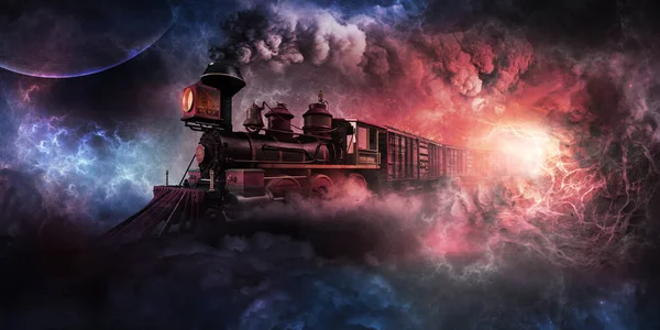 Surreal Scene Old Train Runnin Nebulas — Stock Photo, Image