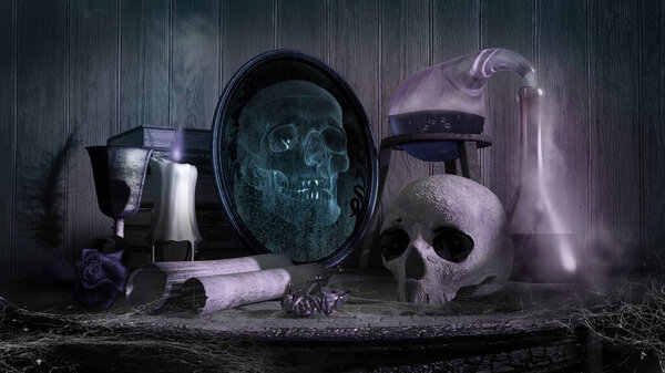 Gothic scenery with table,skull and black mirror