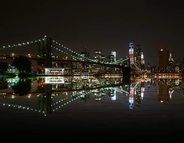 布鲁克林大桥夜景反映在东溪和纽约天际线。自由塔 图库图片