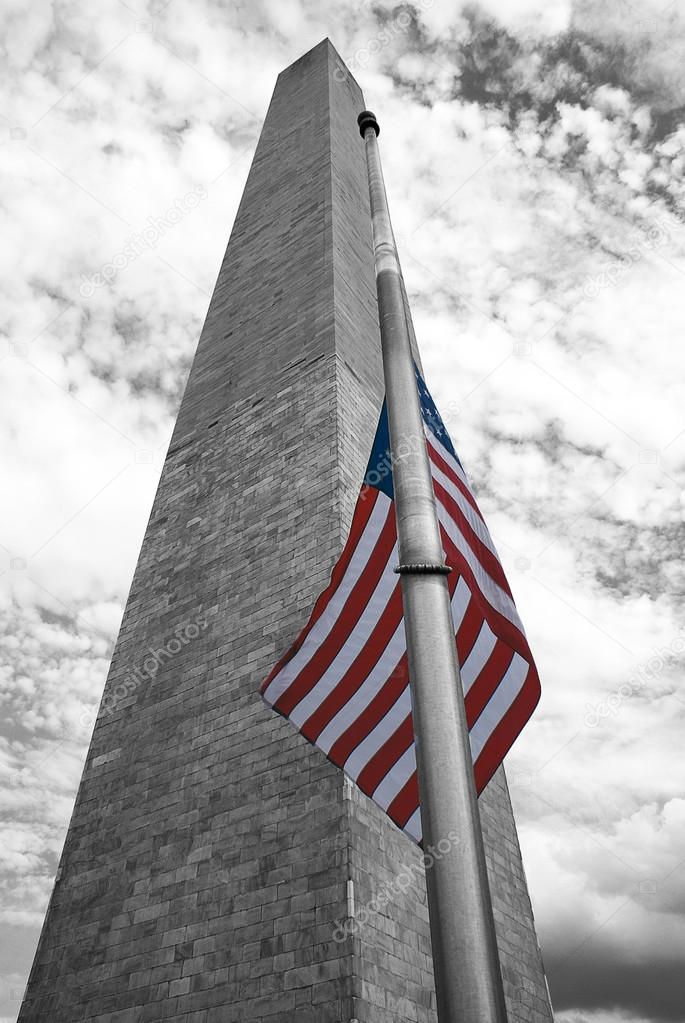Washington Monument On The Mall, Black and White pictures with colored flag.