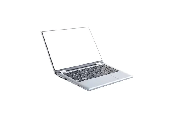 Grijs metalen open laptop met leeg wit scherm, zijaanzicht, kopieerruimte, geïsoleerd op wit. — Stockfoto