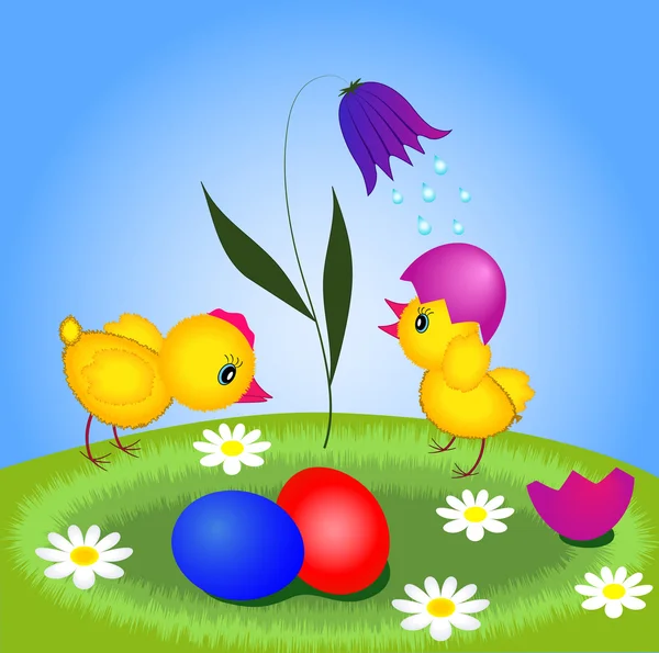 两只鸡和草坪上的复活节彩蛋 — 图库矢量图片#