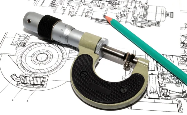 Pencil and micrometer on the drawing — Stock Photo, Image