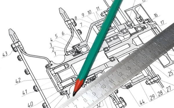 Ołówek, linijkę i część rysunku — Zdjęcie stockowe