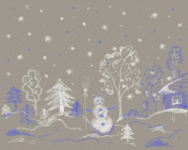 Winter landscape, chalk, children's illustration — Stock Photo, Image
