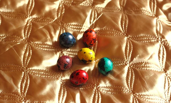 Barva vejce křepelky na zlatém pozadí — Stock fotografie