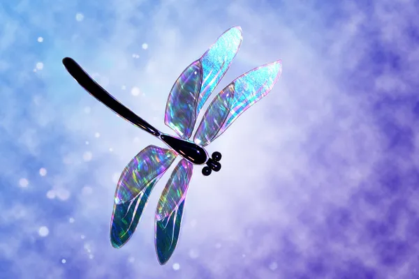 Glazen Libel Met Effect Van Holografie Donkerblauwe Bewolkte Lucht Met — Stockfoto