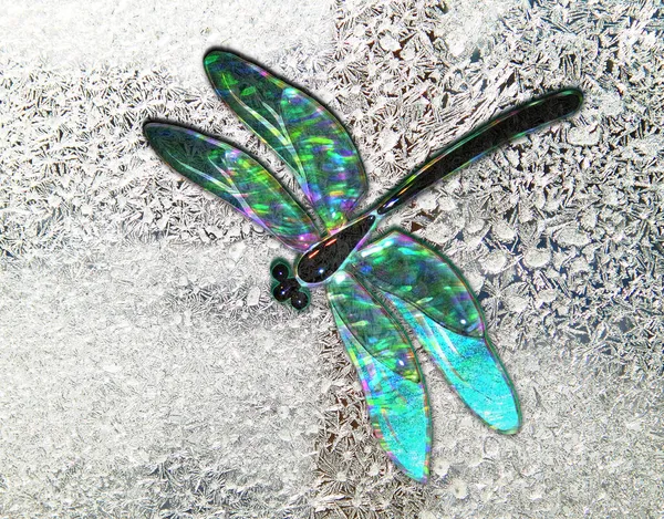 Krásná Skleněná Vážky Efektem Holografie Zamrzlé Okno — Stock fotografie