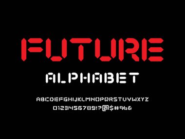 Büyük harf, sayı ve sembol içeren fütüristik soyut alfabe tasarımı