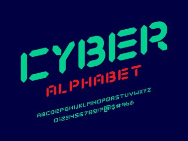 Büyük harf, sayı ve sembol içeren fütüristik soyut alfabe tasarımı