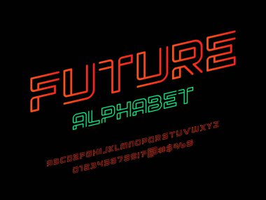 Büyük harf, sayı ve sembol içeren gelecekçi ekran alfabesi tasarımı