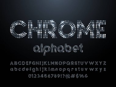 Büyük harf, küçük harf, sayılar ve sembollerle krom noktalı parıltılı alfabe dizaynı