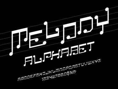 Müzik nota yazı tipi ve alfabe dizaynı vektörü büyük harf, sayı ve semboller