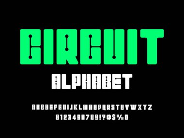 Devre çizgisi vektörü alfabe tasarımını büyük harf, sayı ve sembollerle noktalar