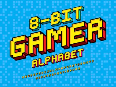 büyük harf, sayı ve sembol ile piksel biçimi yazı tipi