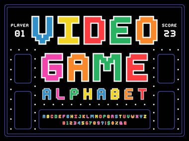 büyük harf, sayı ve sembol ile piksel biçimi yazı tipi tasarımı