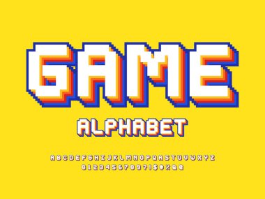 büyük harf, sayı ve sembol ile piksel biçimi yazı tipi tasarımı