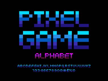 büyük harf, sayı ve sembol ile piksel biçimi yazı tipi