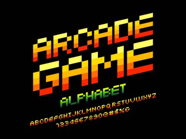 büyük harf, sayı ve sembol ile piksel biçimi yazı tipi