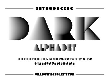 Modern koyu gölge alfabe dizaynını büyük harf, sayı ve sembollerle gösteren vektör