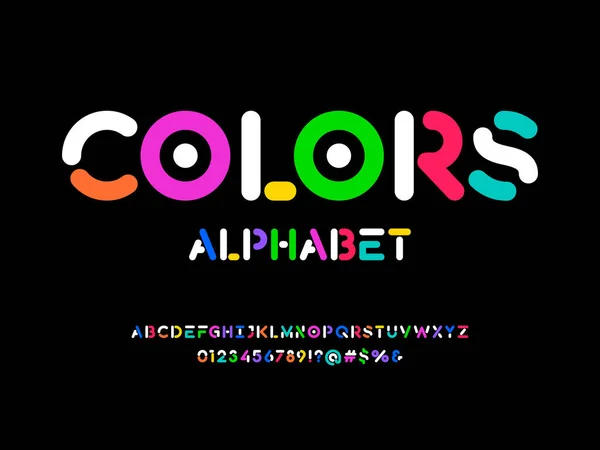 Kleurrijke Trendy Stijl Alfabet Ontwerp Met Hoofdletters Cijfers Symbolen — Stockvector