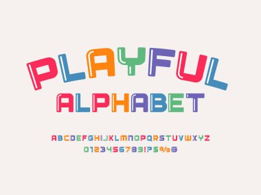 Büyük harf, sayı ve sembollerle modern renkli alfabe tasarımının vektörü