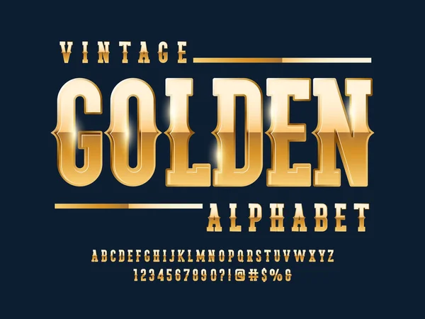 Golden Chrome Style Alphabet Design Uppercase Number Symbols — Stockvektor