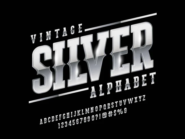 Silver Chrome Style Alphabet Design Uppercase Number Symbols — Stockvektor