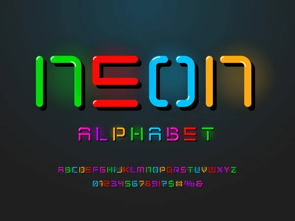 Colorful Trendy Neon Style Alphabet Design Uppercase Numbers Symbols — 스톡 벡터